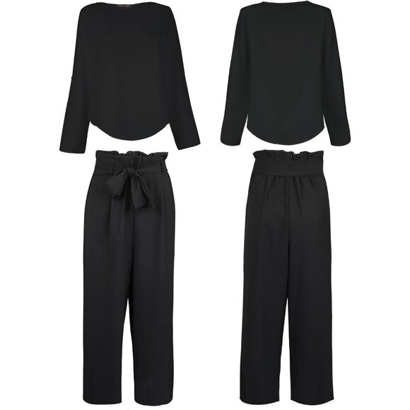 Women's 2 Piece Set Crop Pants V Neck Tops High Waisted Paper Bag Pants Casual - Picture 5 of 6